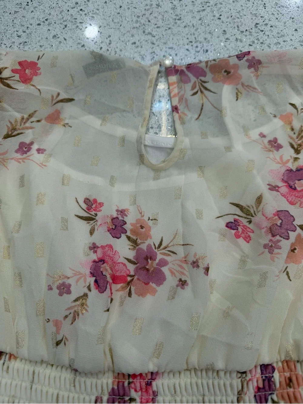 Zunie Cream Floral Chiffon Romper with Pink and Purple Blooms